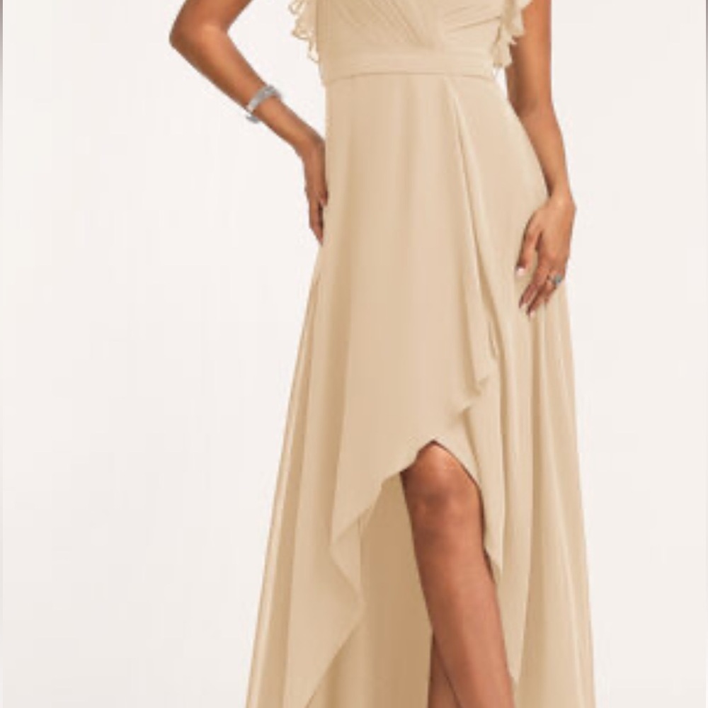 Tan Asymmetrical Silky Sundress with Flutter Sleeves - Picture 2 of 4